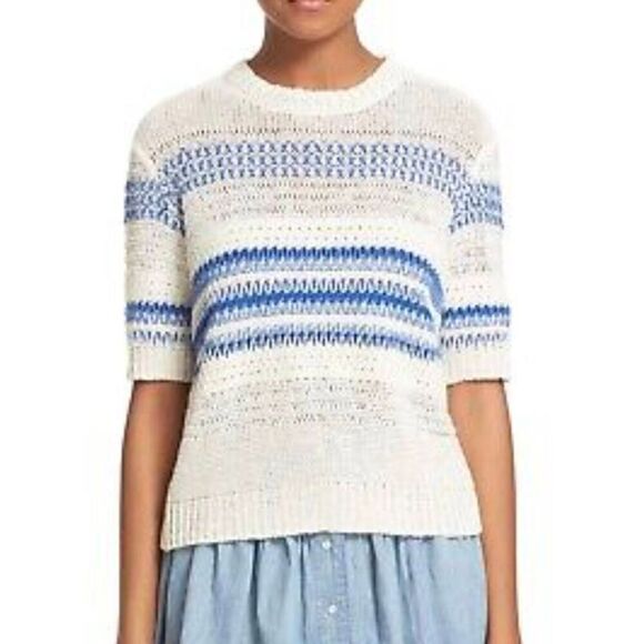 Current Elliott The Mixed Stitch Stripe Half-Sleeve Sweater Blue Horizon Size 0 - Picture 1 of 16